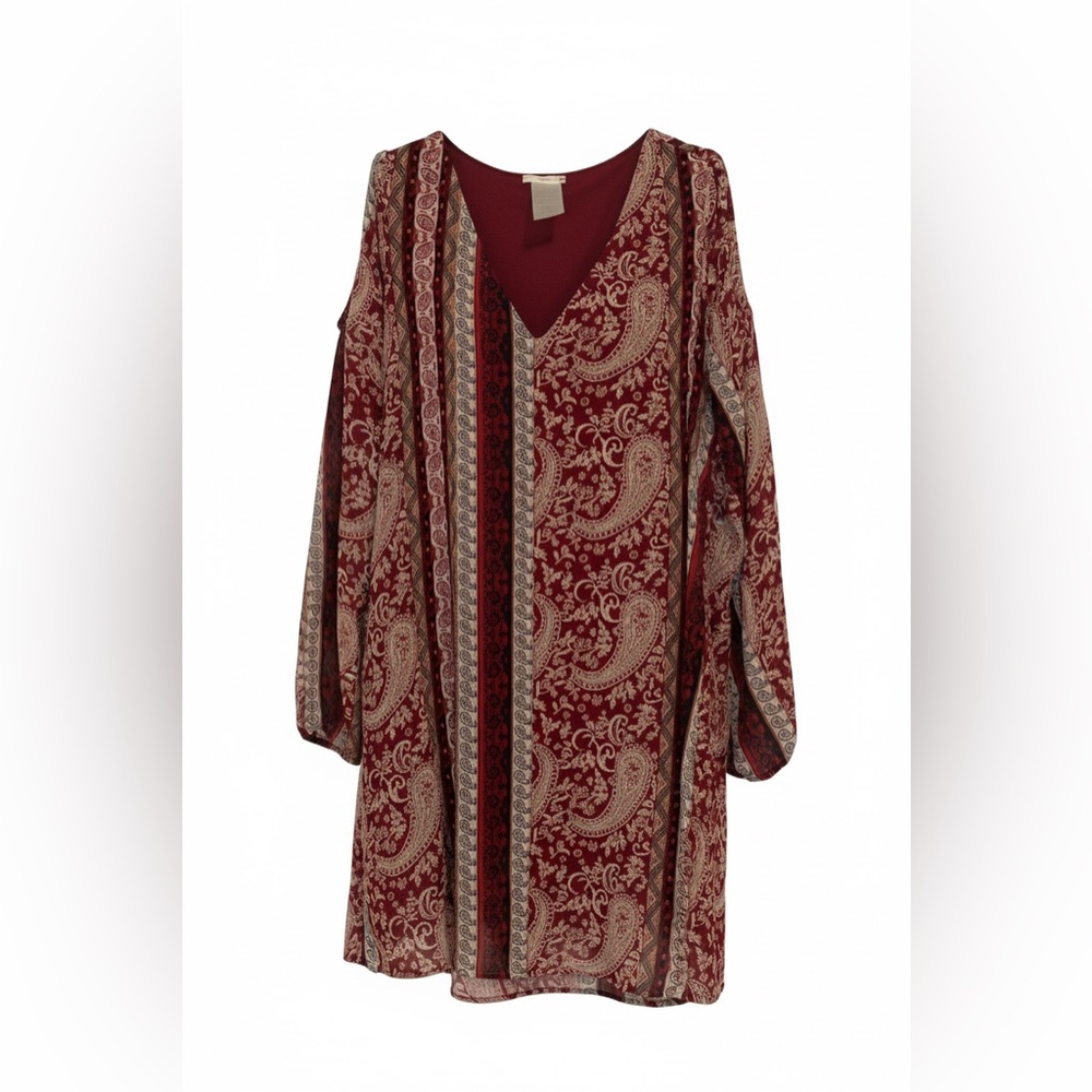 INTU Large Burgundy Print Long Sleeve Polyester Boho Style Tunic Casual Career